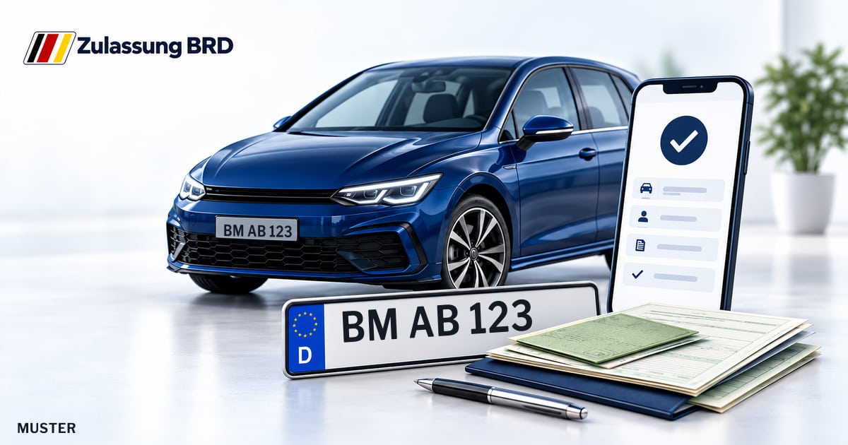 Online Fahrzeugzulassung in Pulheim: Musterkennzeichen BM AB 123, Auto und Fahrzeugpapiere und Smartphone. Illustration mit Logo von Zulassung BRD.
